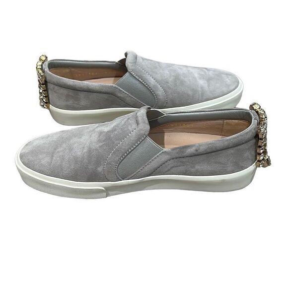STUART WEITZMAN Jewel Crystal Embellished Gray Suede Leather Slip On Sneakers Sh - Picture 2 of 8